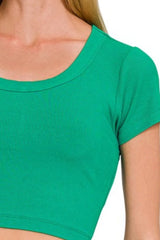 Zenana Ribbed Scoop Neck Crop Short Sleeve Top OutfitFlow