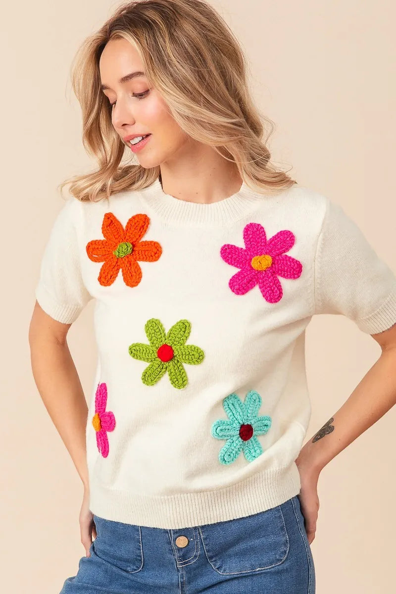 BiBi Crochet Flower Patch Sweater Top OutfitFlow