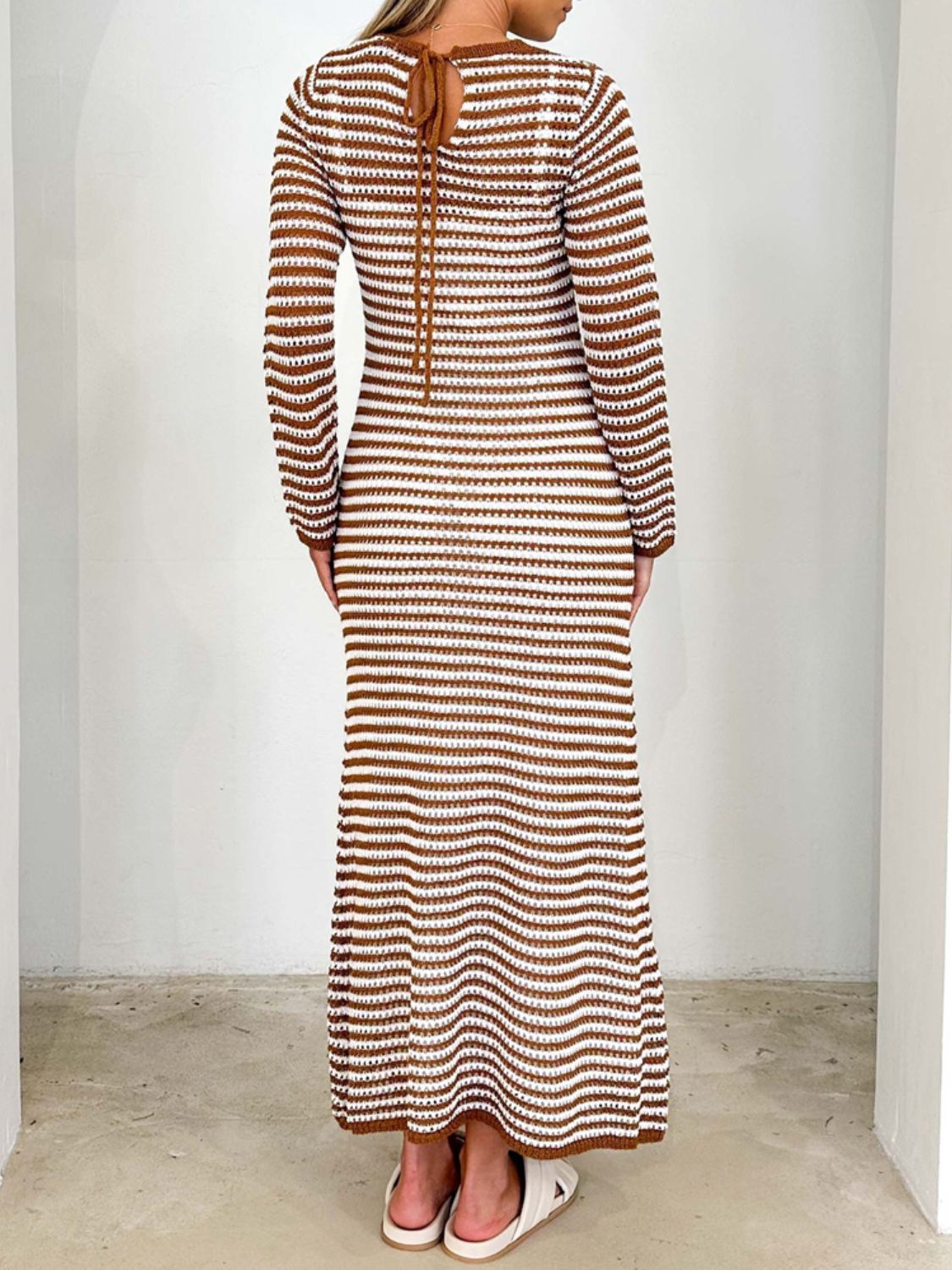 Devine Tied Round Neck Striped Sweater Dress Caramel OutfitFlow