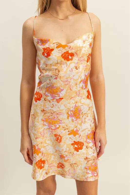 HYFVE Floral Cowl Neck Flirty Satin Mini Dress OutfitFlow