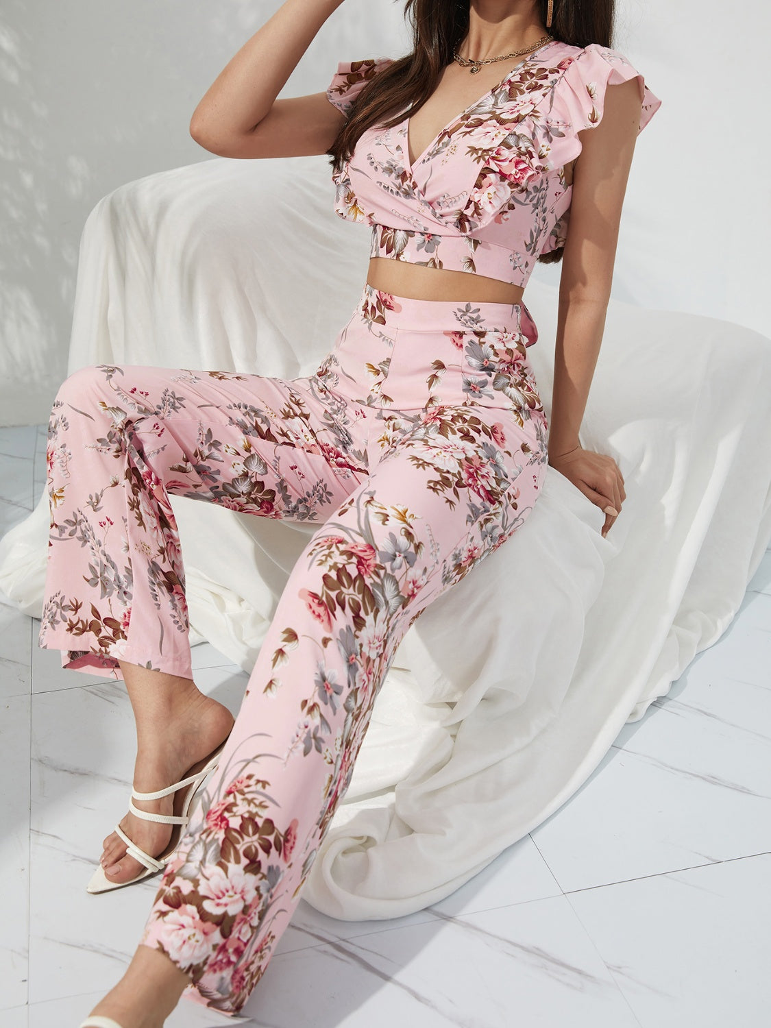 Outfit Flow - Honey Printed Surplice Cap Sleeve Top and Pants Set