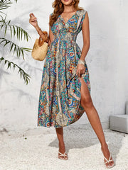 Smocked Printed Surplice Sleeveless Midi Dress OutfitFlow