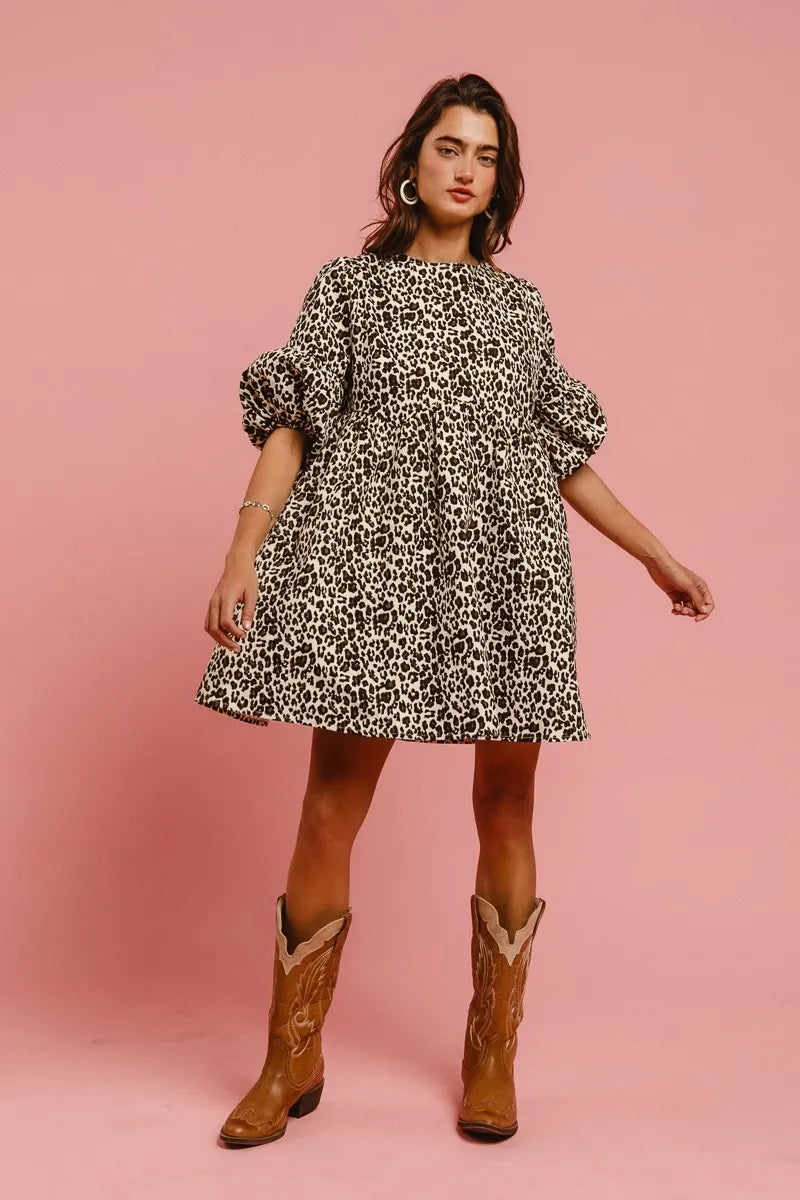 BiBi Leopard Denim Dress With Back Contrast Tie Detail OutfitFlow