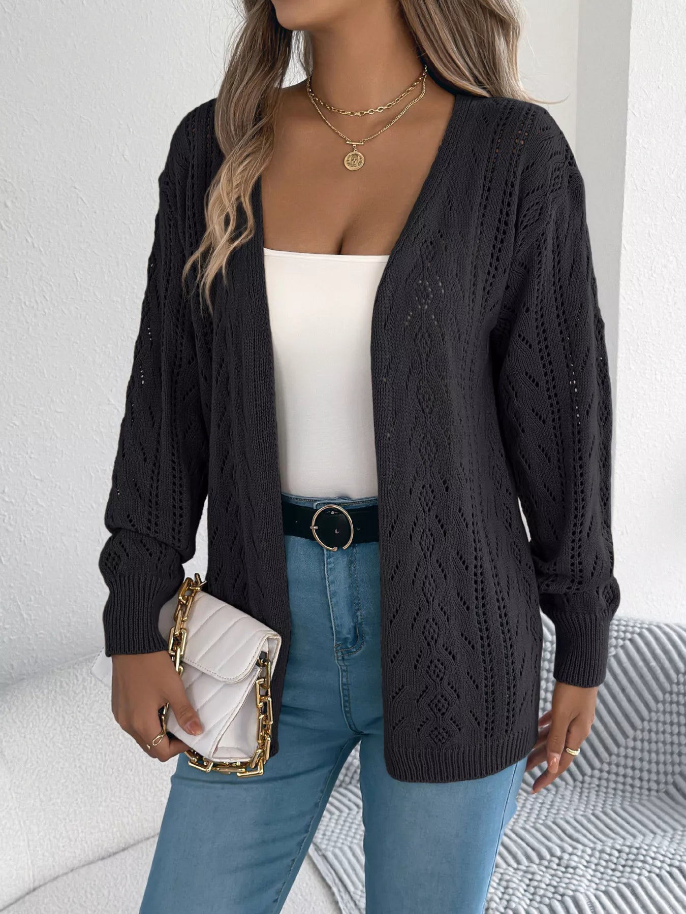 Openwork Open Front Cardigan OutfitFlow