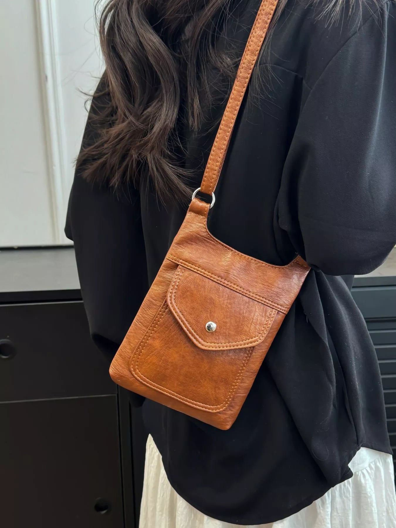 Adjustable Strap Leather Crossbody Bag OutfitFlow
