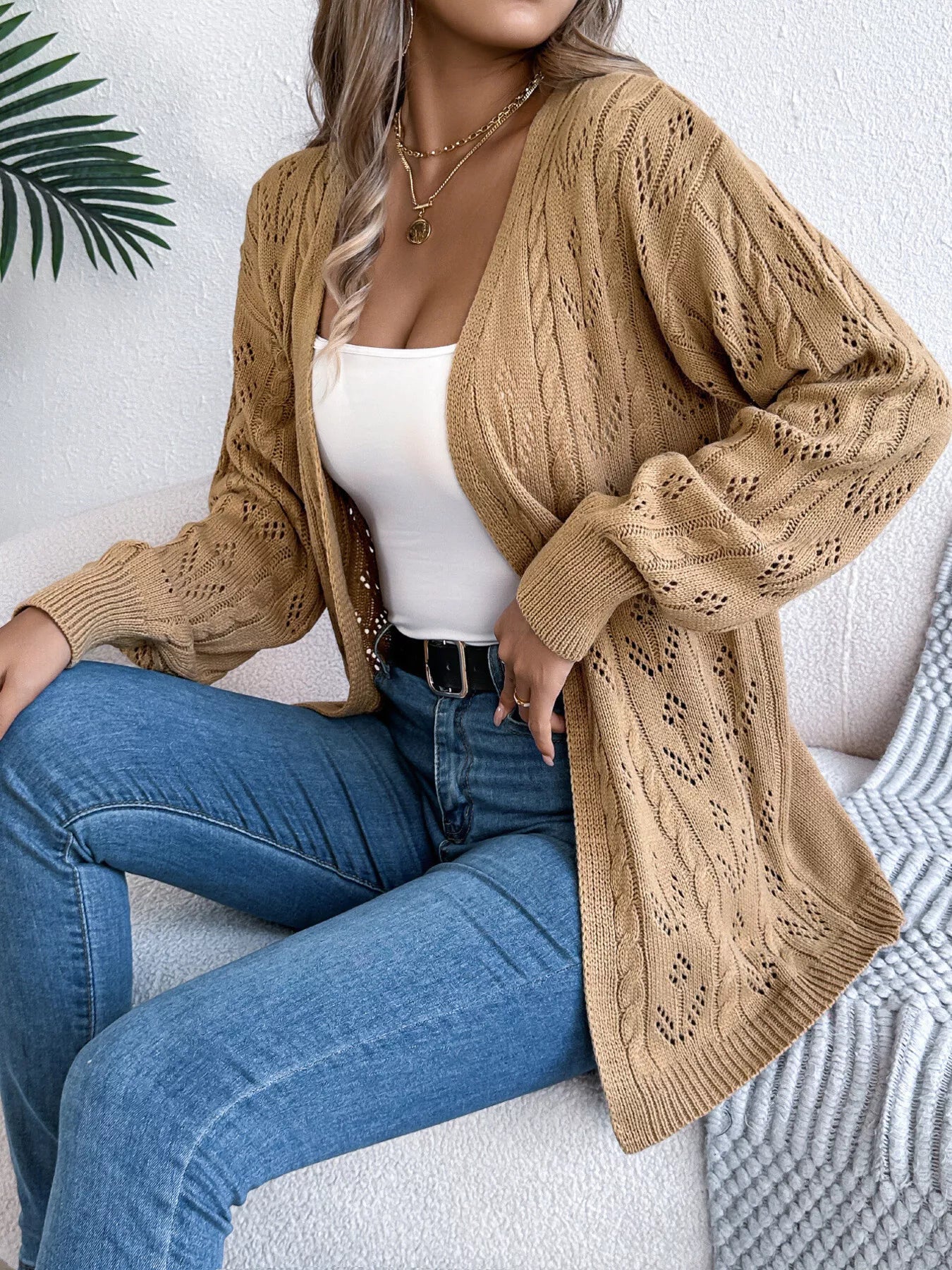 Openwork Open Front Long Sleeve Cardigan Khaki OutfitFlow