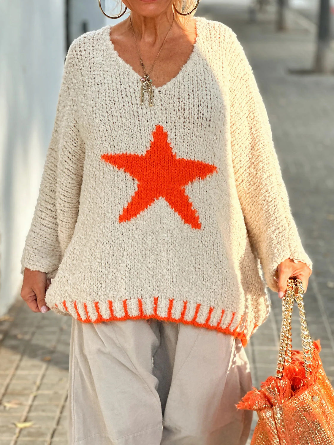 Outfit Flow - Star V-Neck Long Sleeve Oversize Sweater