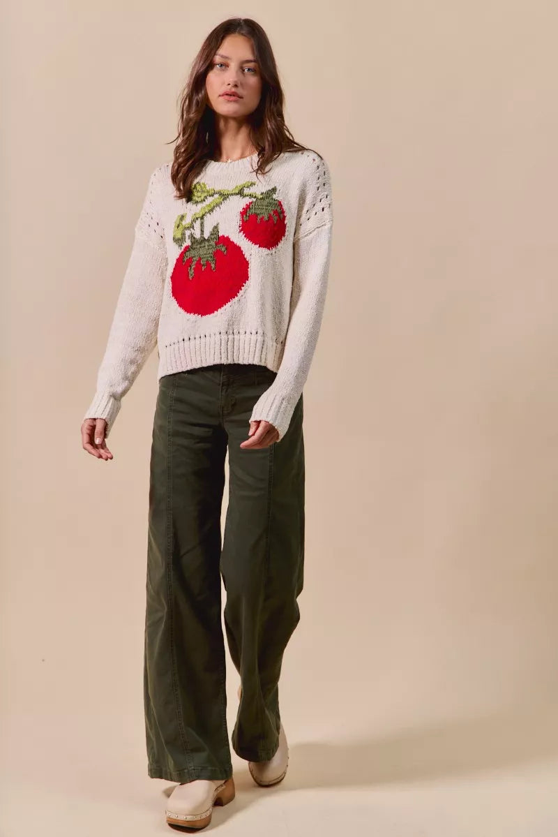 SO ME Vegetable Round Neck Long Sleeve Sweater OutfitFlow