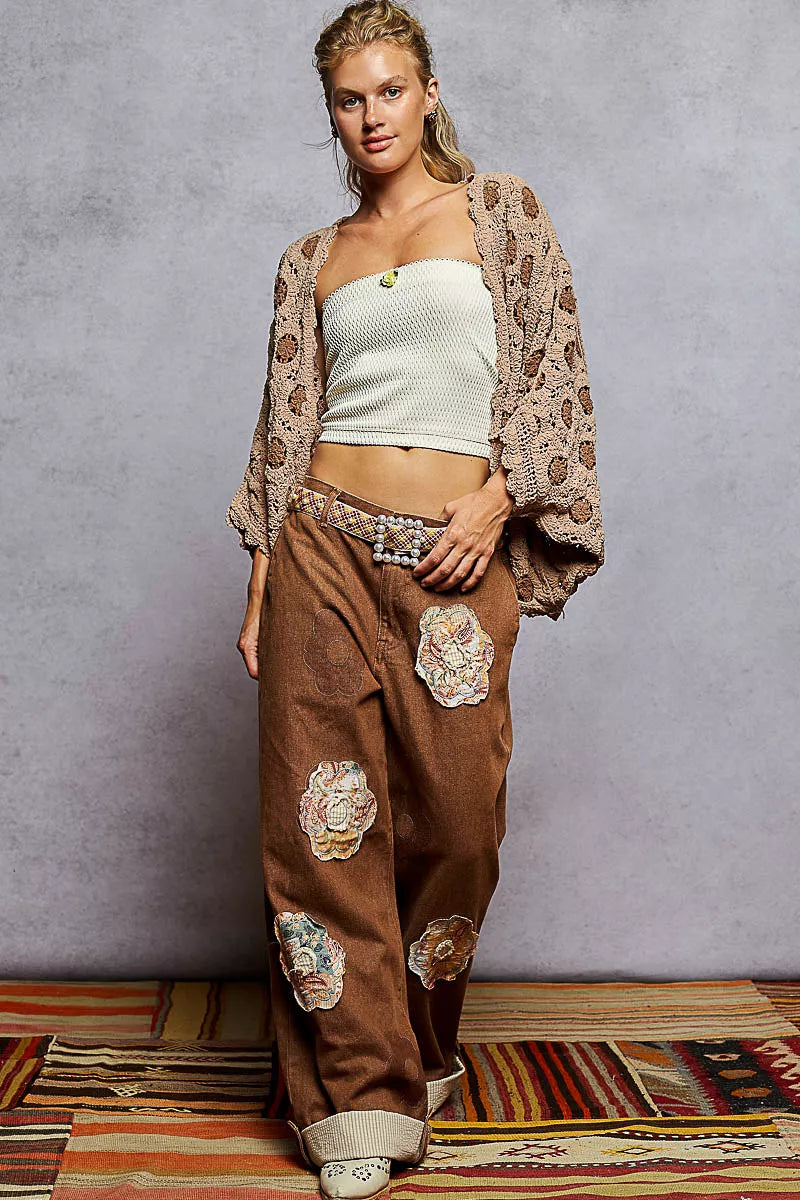 POL Openwork V-Neck Chenille Cardigan with Contrast Floral OutfitFlow