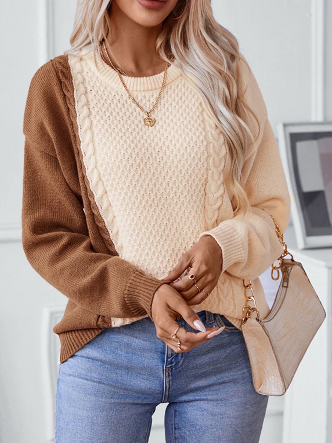 Outfit Flow - Two Tone Cable Knit Round Neck Long Sleeve Sweater