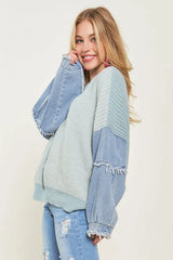 ADORA Plus Size Frayed Denim Sleeve Sweater Top OutfitFlow