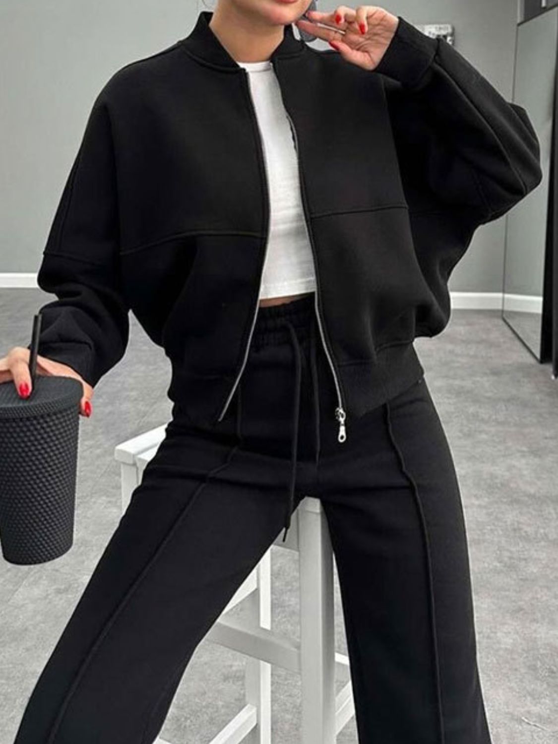 Outfit Flow - Baseball Collar Zip Up Outerwear and Drawstring Pants Set