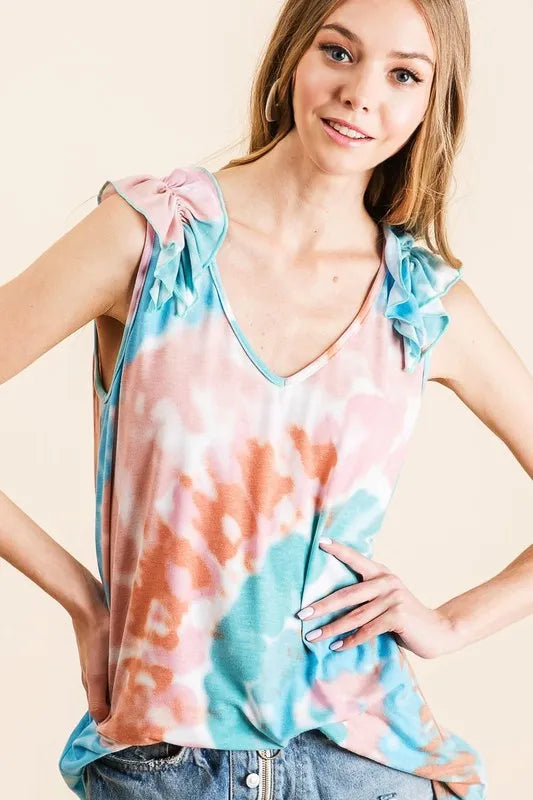 BiBi Circular Tie Dye Knit V Neck Top With Ruffle OutfitFlow