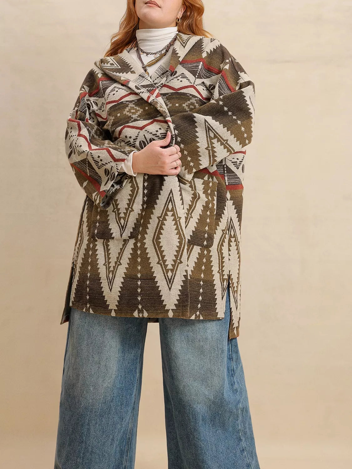 Plus Size Aztec Print Hooded Open Front Cardigan OutfitFlow