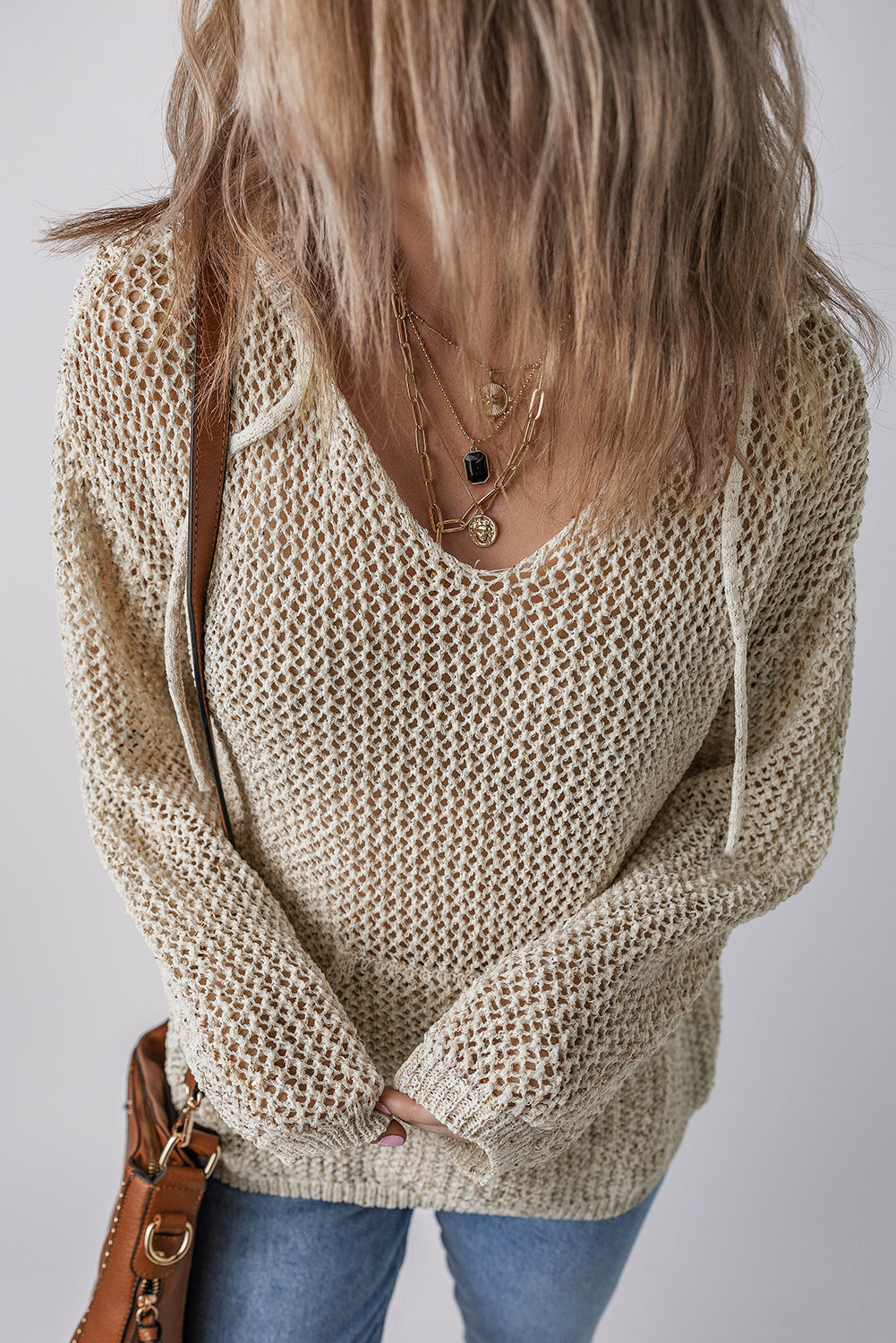 Outfit Flow - Openwork Dropped Shoulder Hooded Knit Top