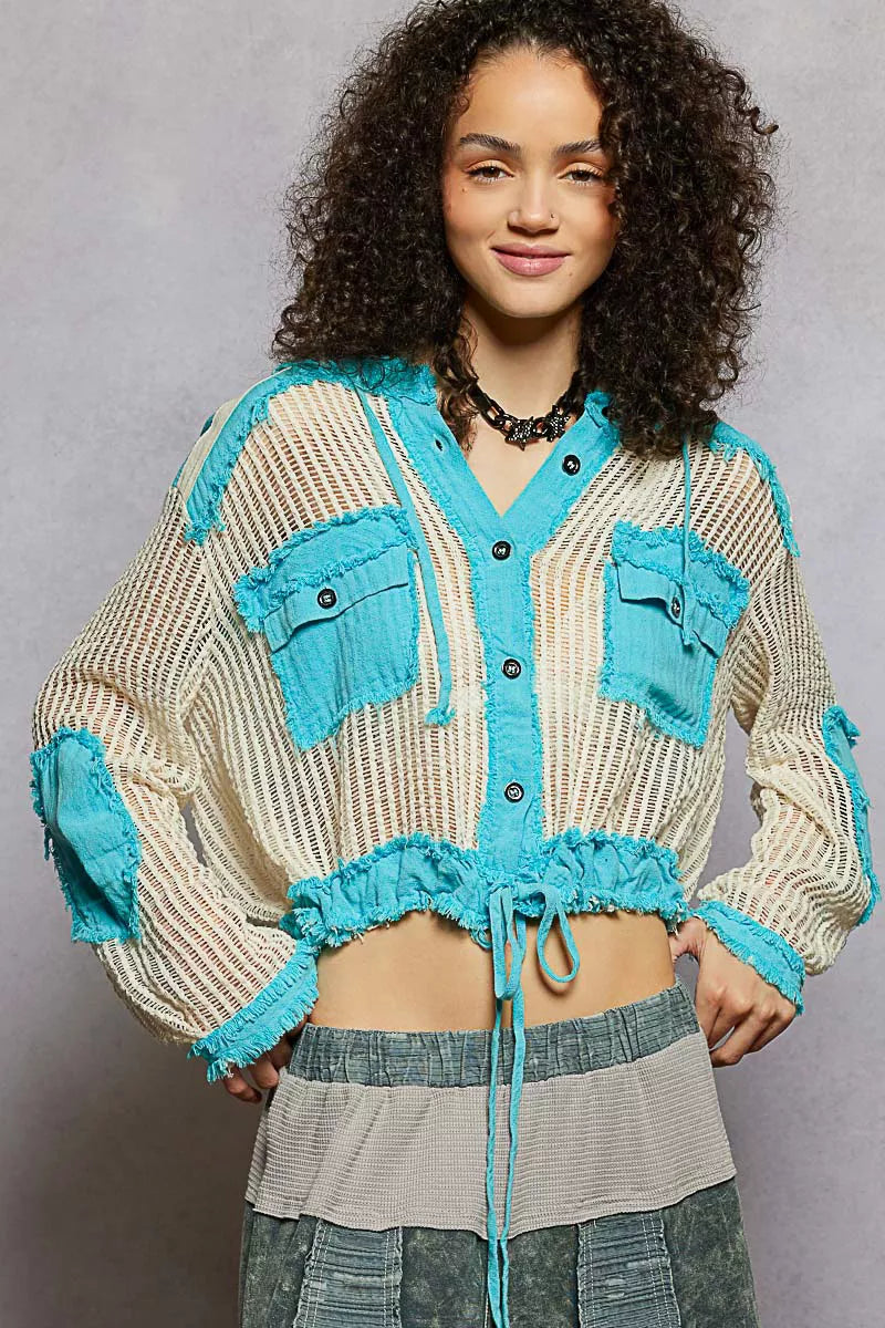 POL Texture Woven Button Down Hooded Shirt with Drawstring Hem AQUA BLUE MULTI OutfitFlow