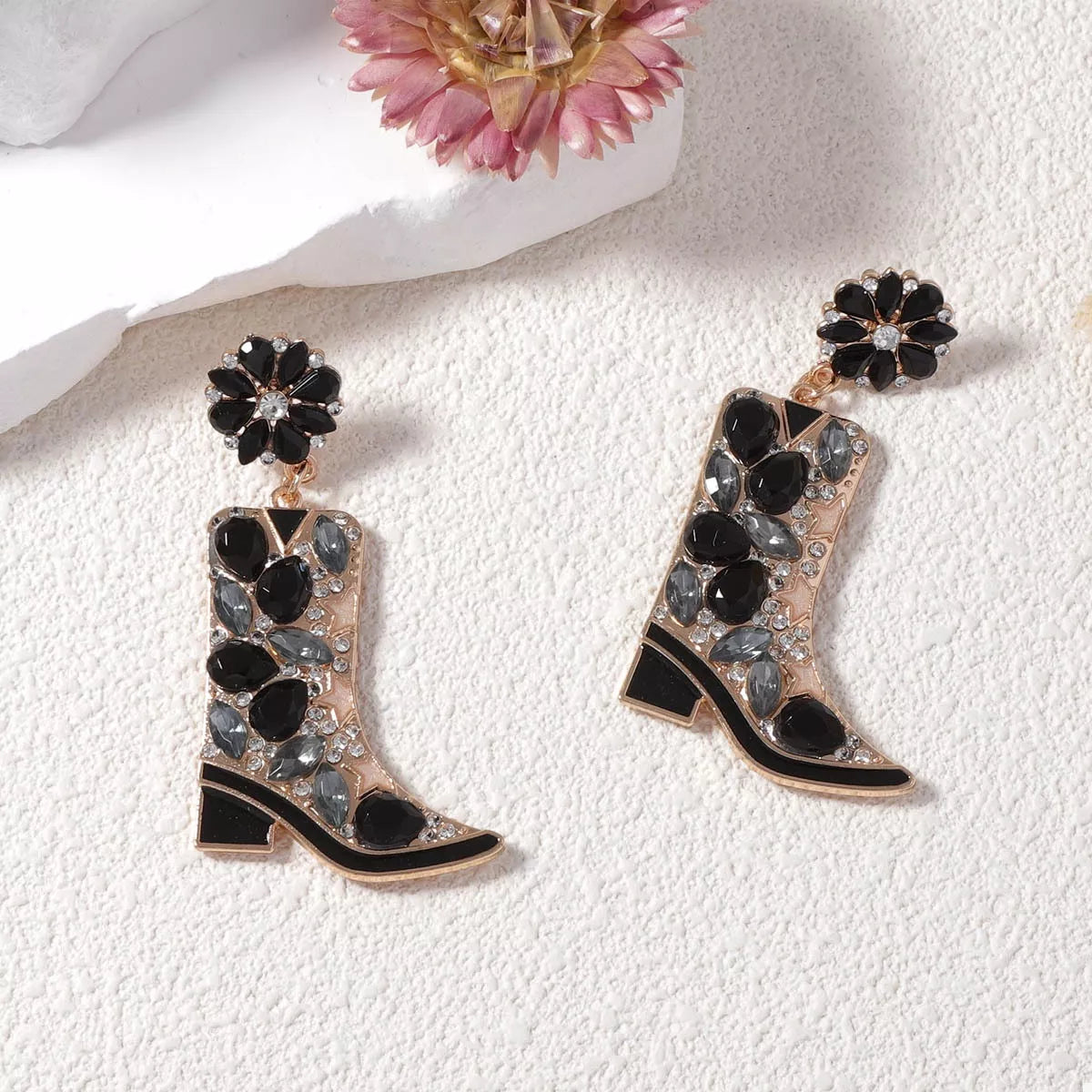 Western Boot Dangle Earrings with Rhinestones Black onesize OutfitFlow