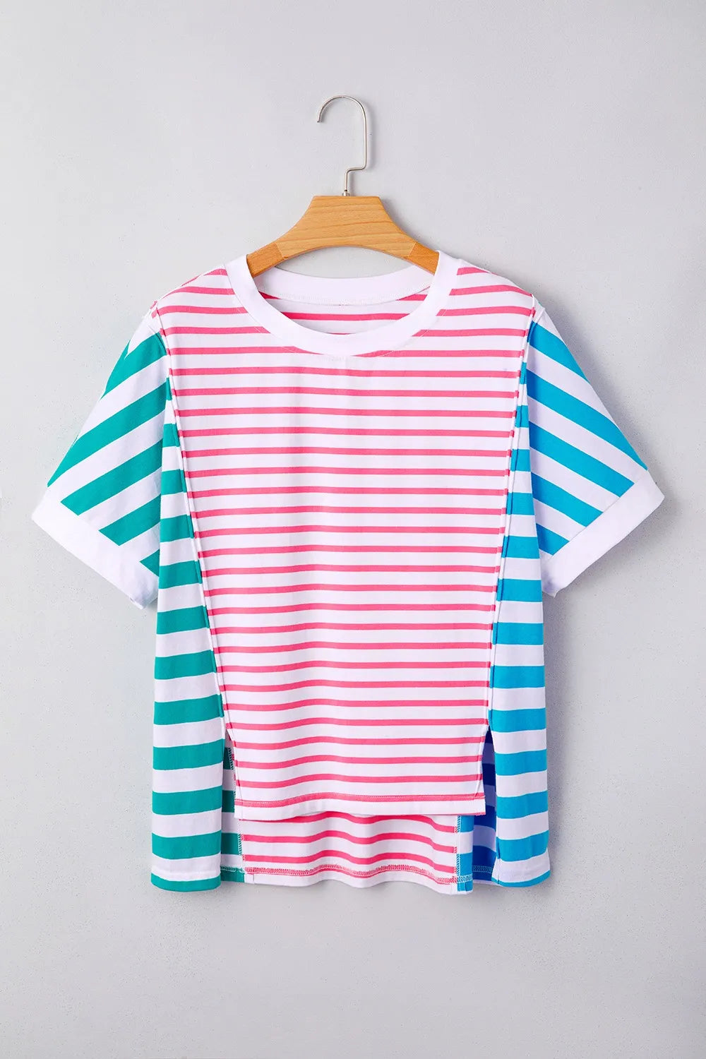 Color Block Striped Batwing Sleeve T-Shirt OutfitFlow