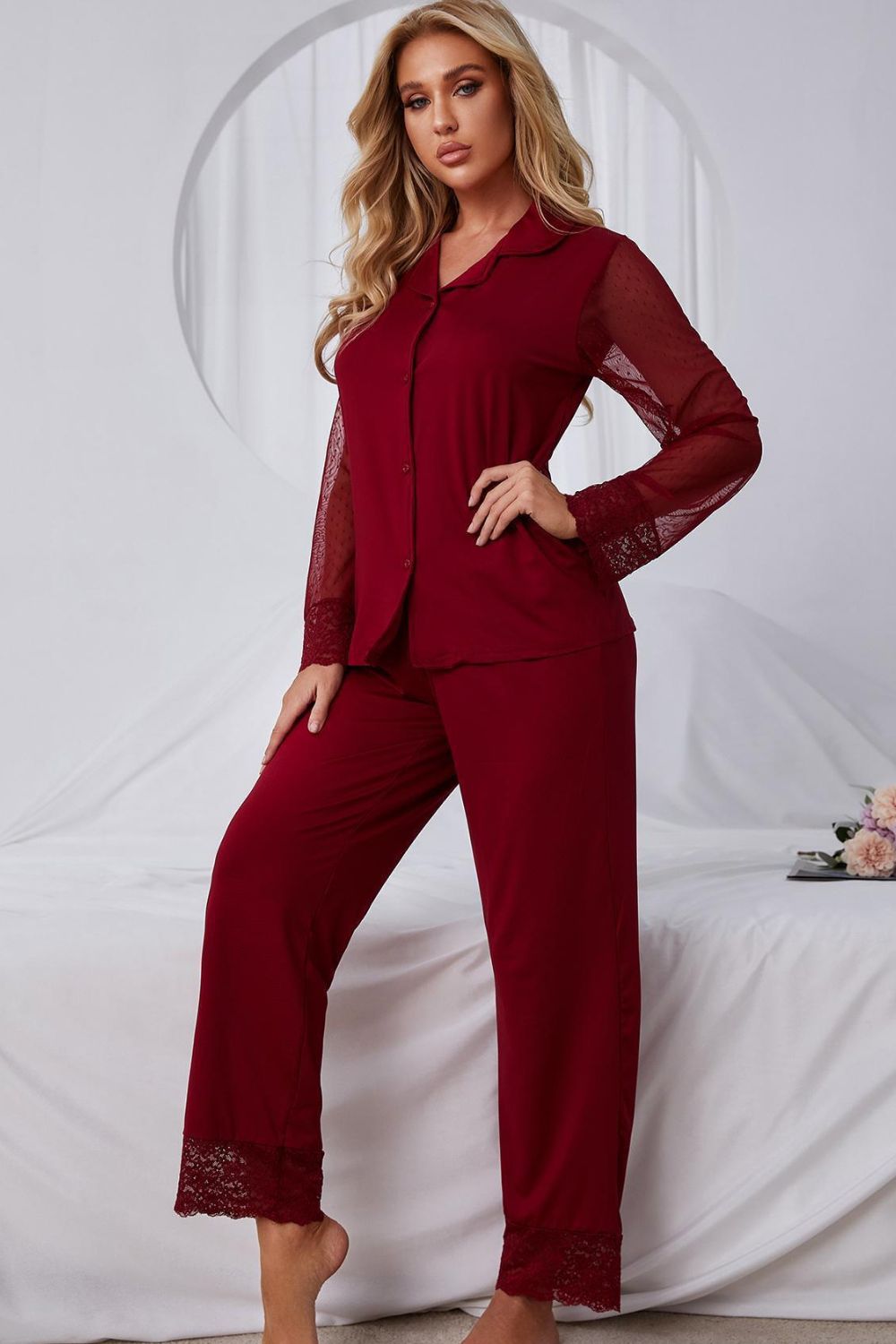 Outfit Flow - Spliced Lace Lapel Collar Pajama Set