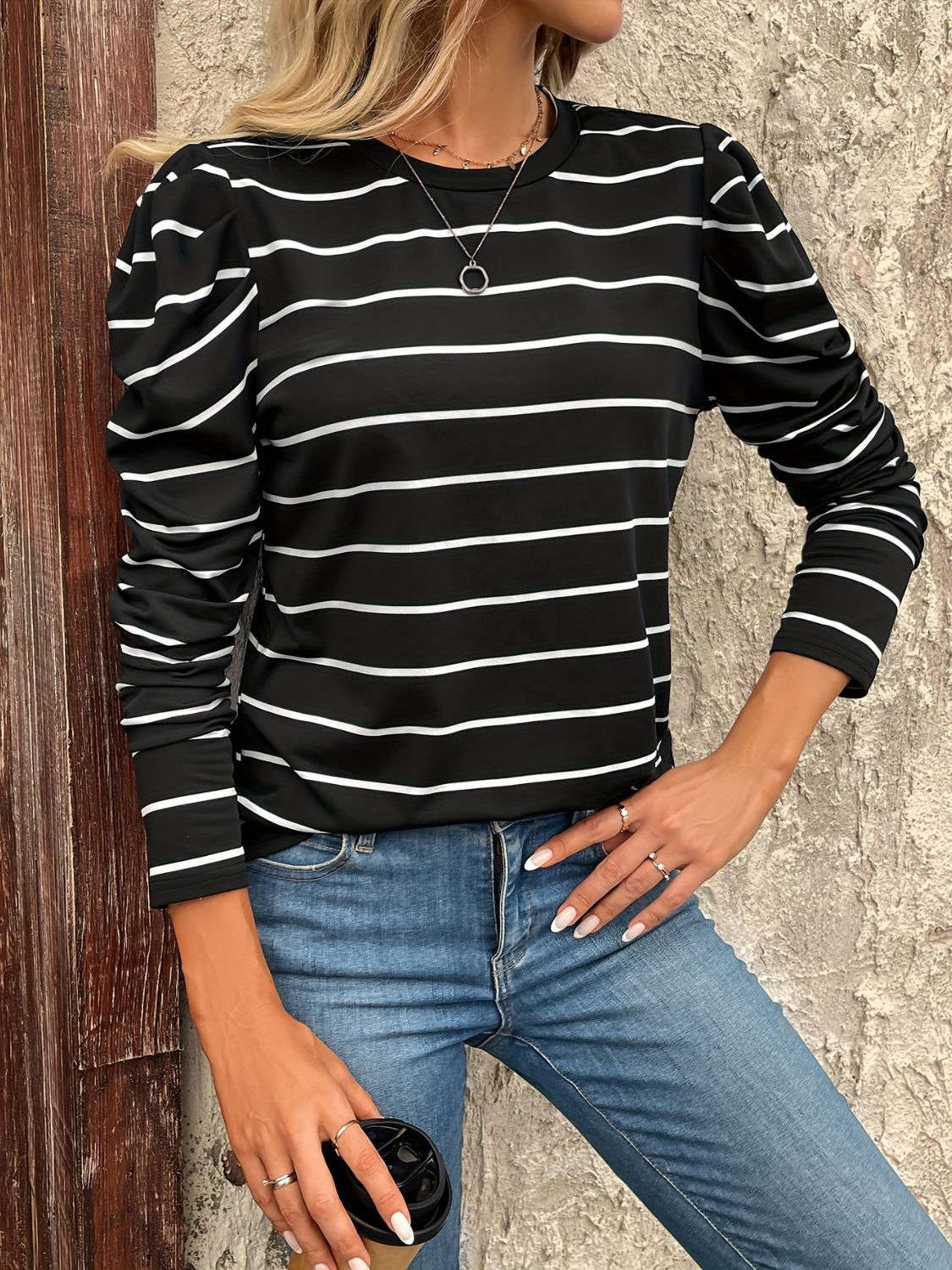 Outfit Flow - Full Size Striped Round Neck Puff Sleeve T-Shirt