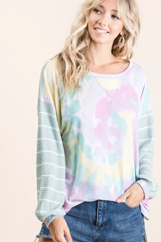 BiBi Tie Dye Terry Top with Wide Stripe Thermal Waffle OutfitFlow