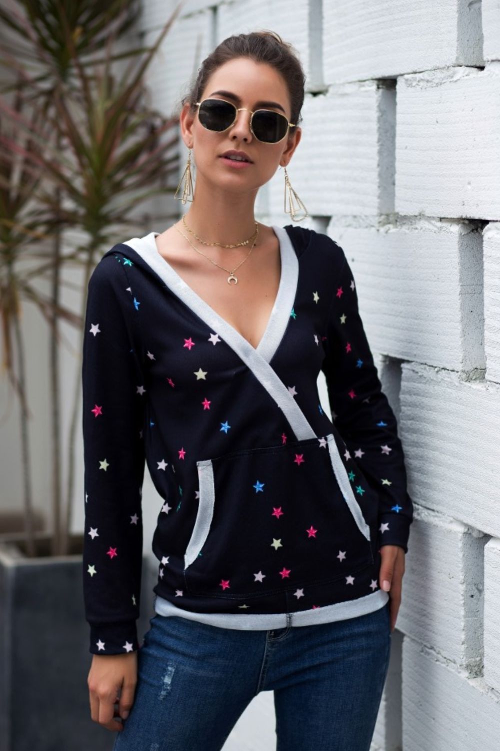 Outfit Flow - Star Print Kangaroo Pocket Hoodie