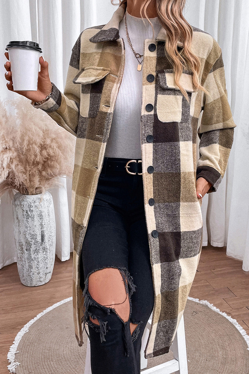 Plaid Button Down Longline Coat Trendsi