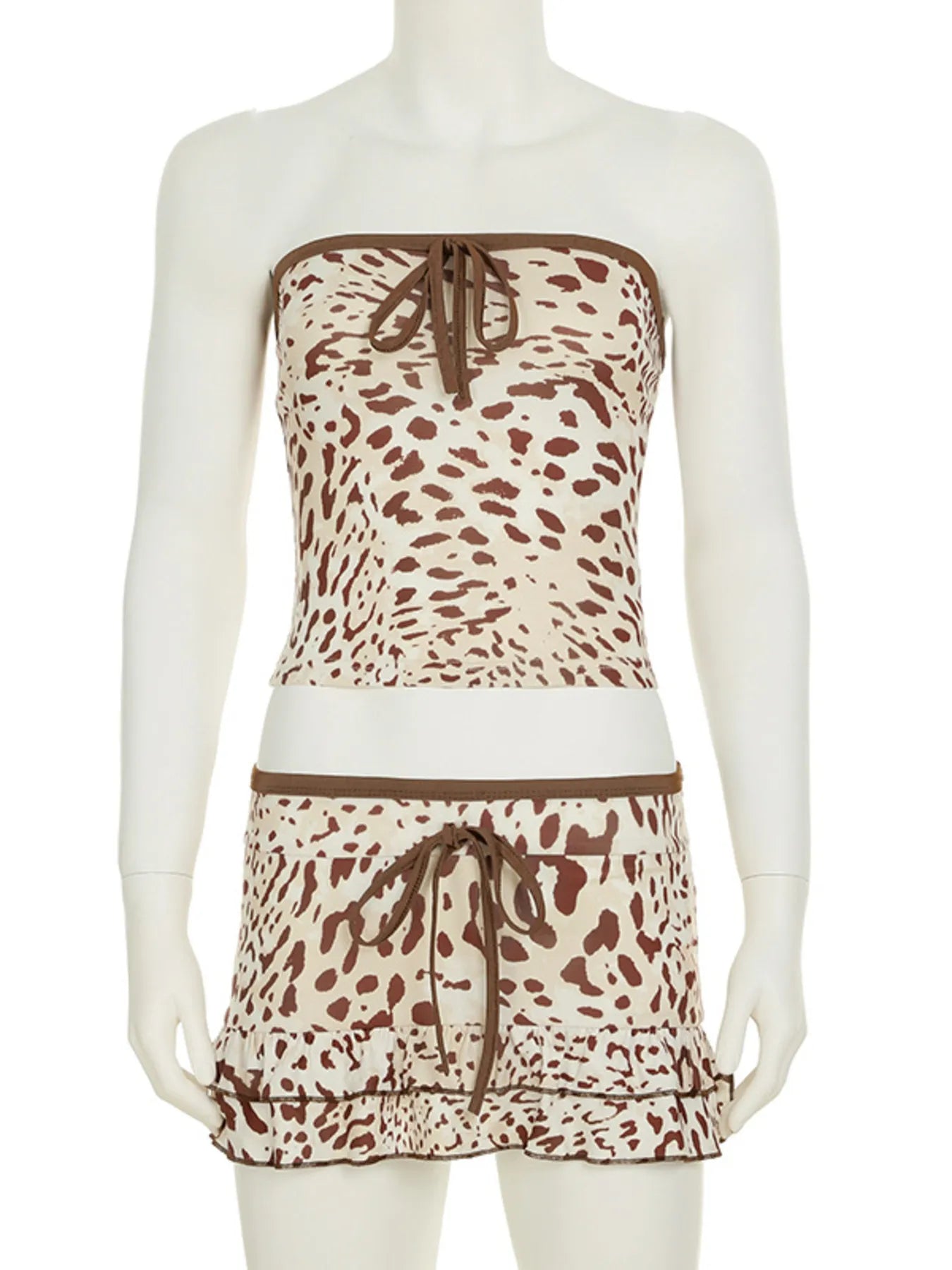 Leopard Print Strapless Top and Skirt Two-Piece Set OutfitFlow