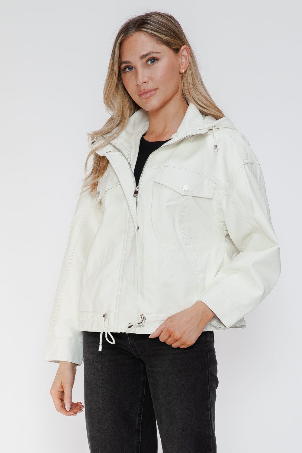 Outfit Flow - How Dare U Drawstring Hem PU Leather Zip Up Jacket