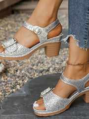 Glitter Block Heel Buckle Sandals OutfitFlow