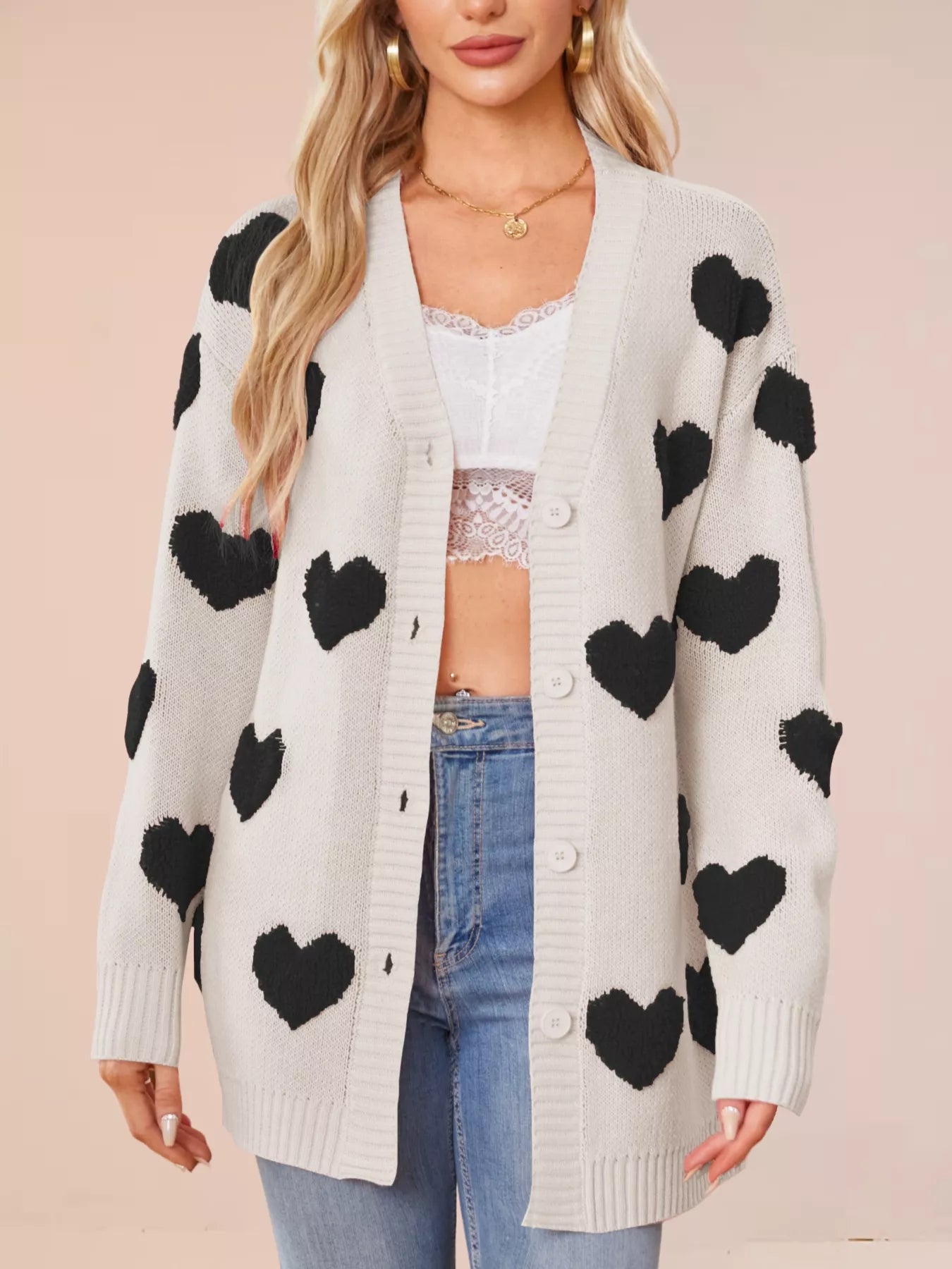 Heart Pattern Knit Button-Up Cardigan Black Apricot OutfitFlow