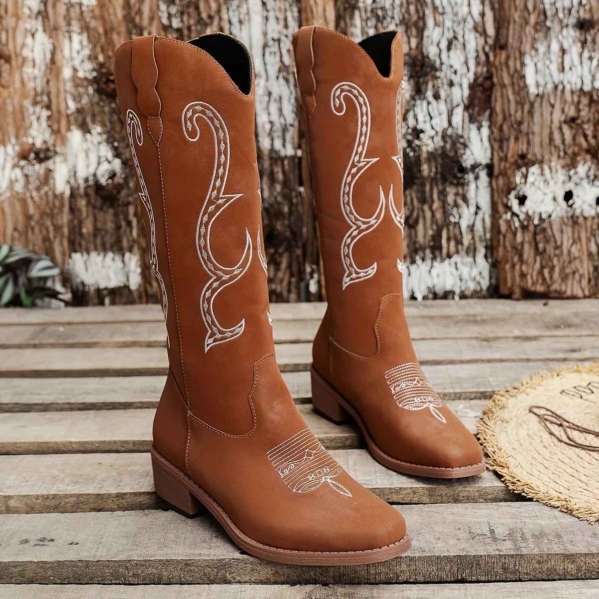 Embroidered Round Toe Block Heels Boots OutfitFlow