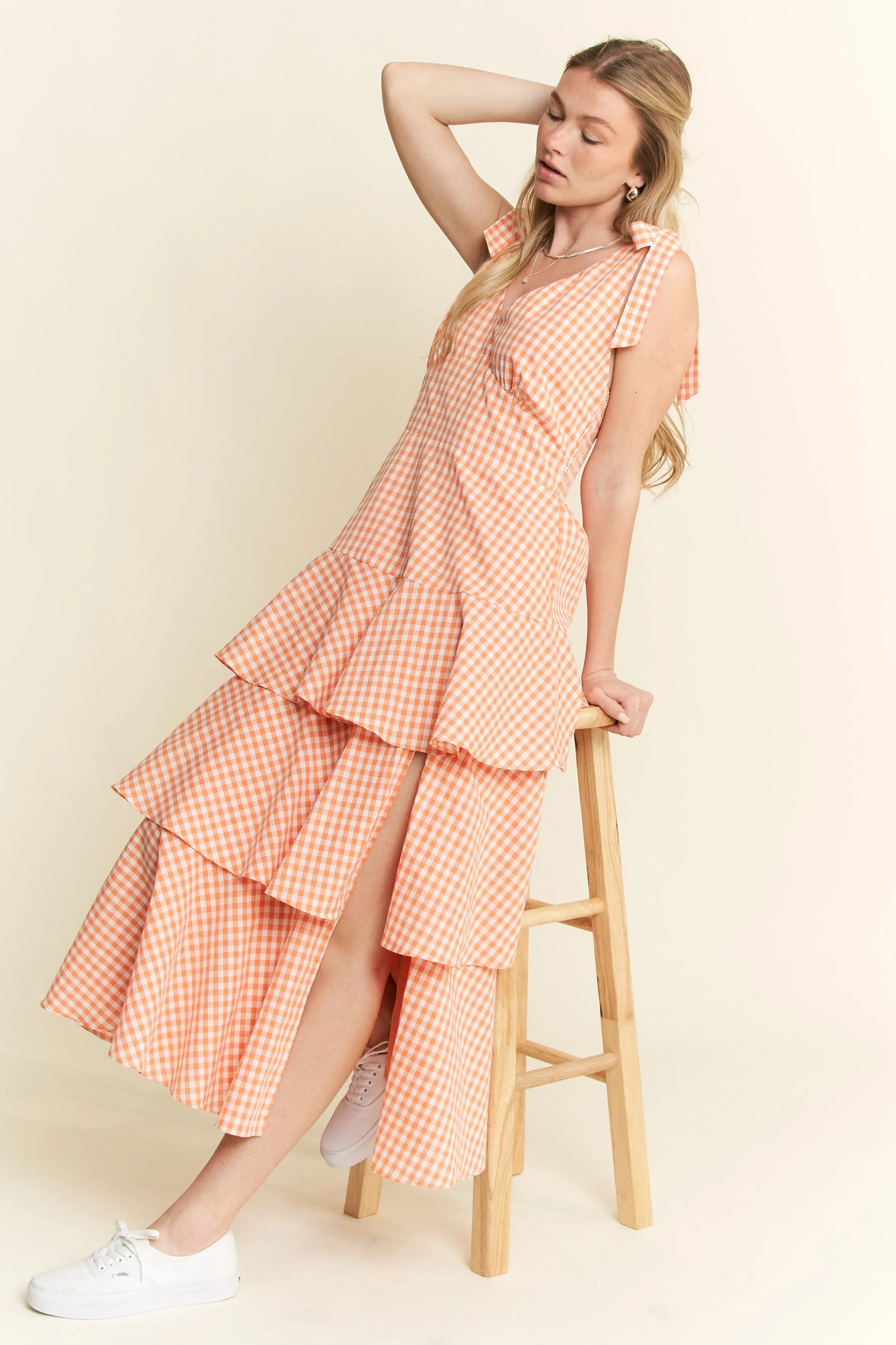 Jade By Jane Sleeveless Gingham Print Tiered Midi Dress OutfitFlow