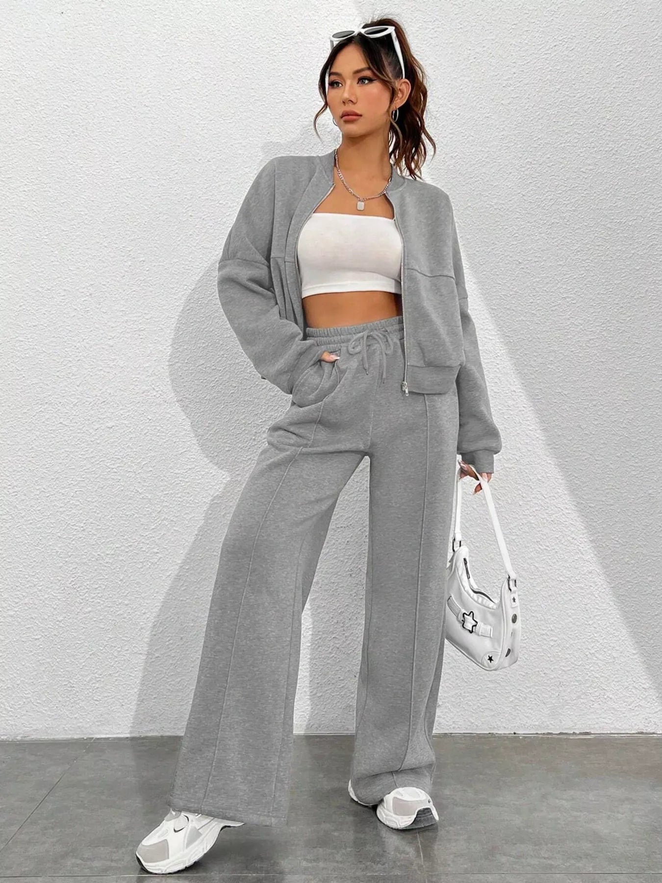 Casual Solid Color Zipper Jacket and Wide Leg Pants Set OutfitFlow