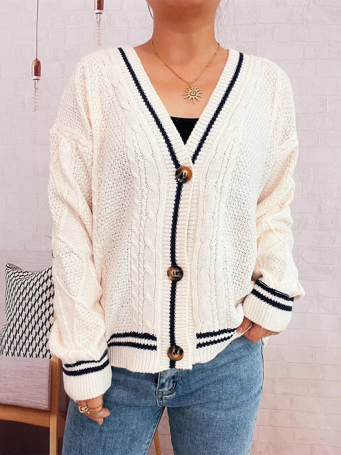 Star Pattern Button-Up Cardigan with Contrast Trim OutfitFlow