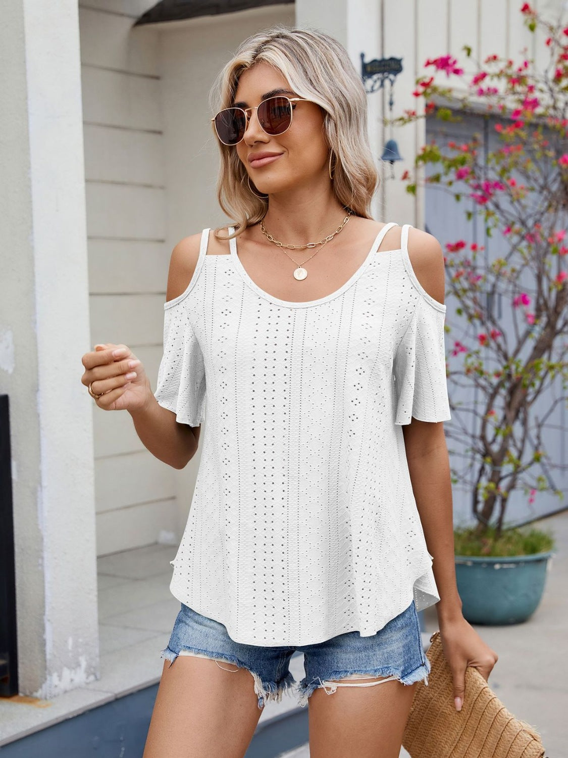 Florira Round Neck Cold Shoulder Eyelet T-Shirt OutfitFlow