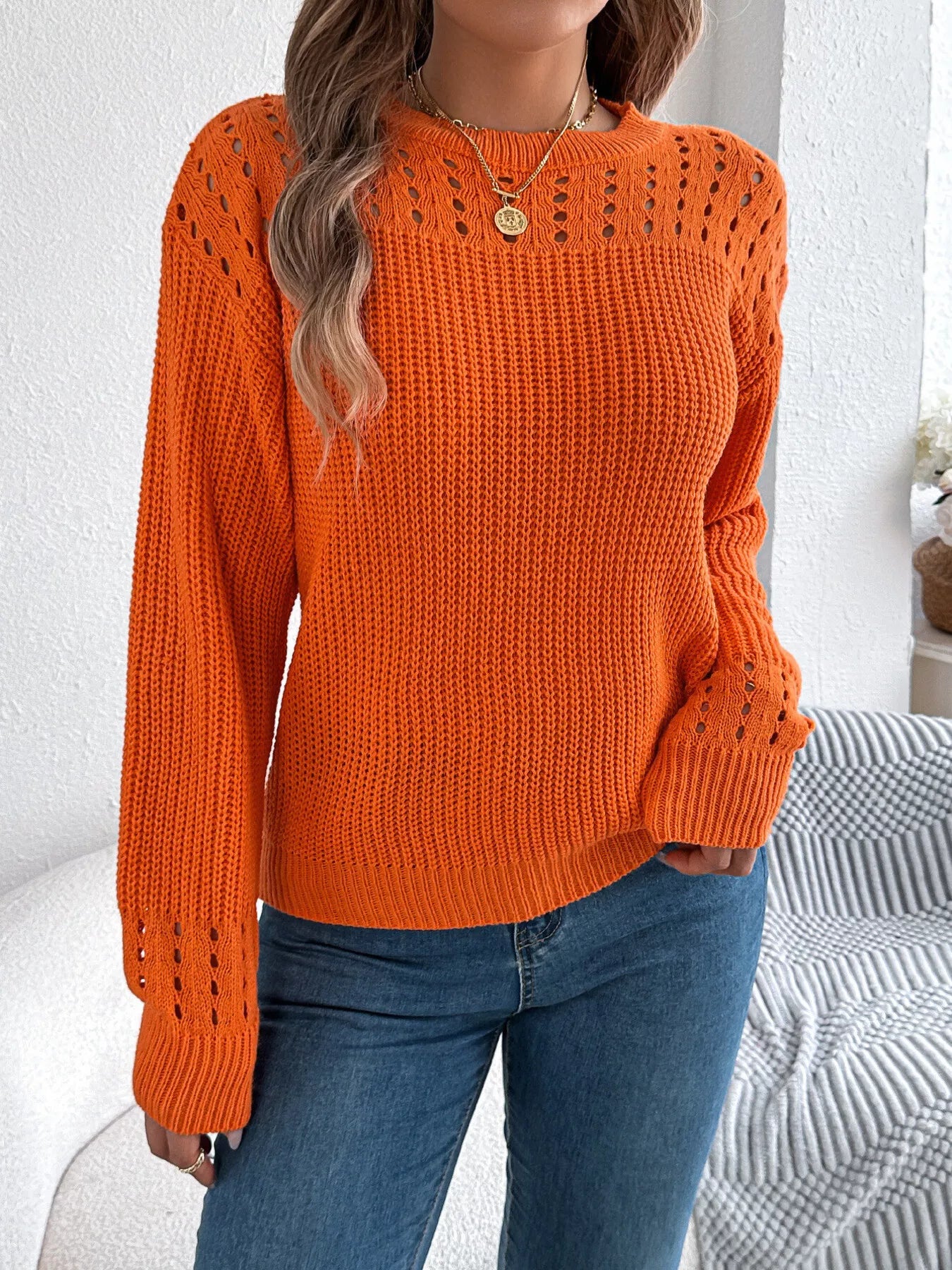 Openwork Round Neck Long Sleeve Sweater Orange OutfitFlow