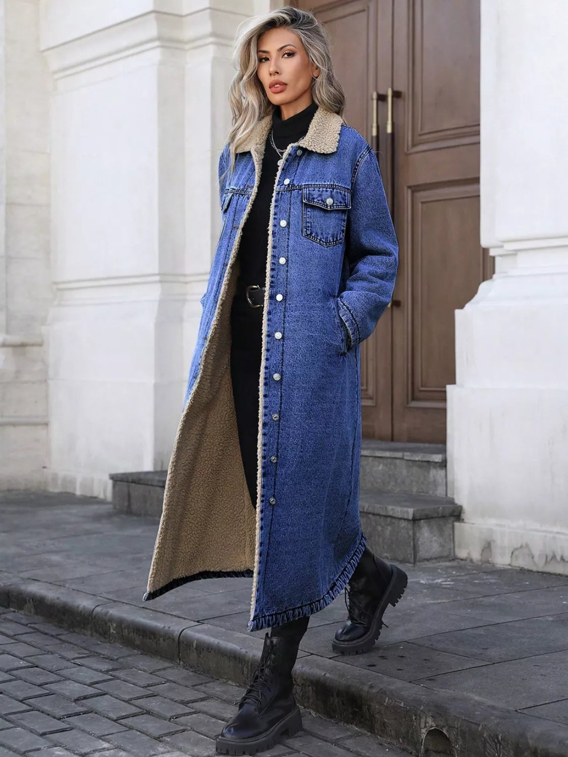 Sherpa Lined Longline Denim Jacket OutfitFlow