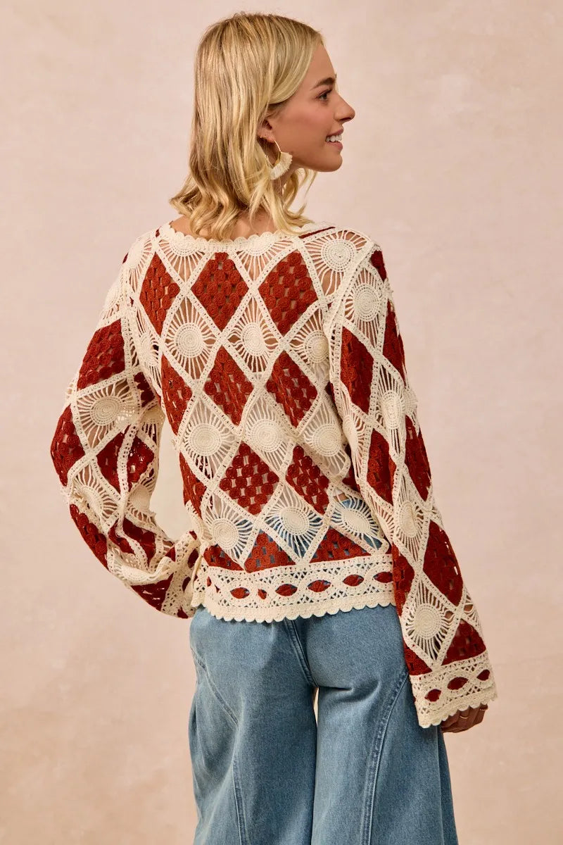 BiBi Diamond Crochet Knit Top OutfitFlow