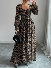 Leopard Sweetheart Neck Flounce Sleeve Maxi Dress OutfitFlow