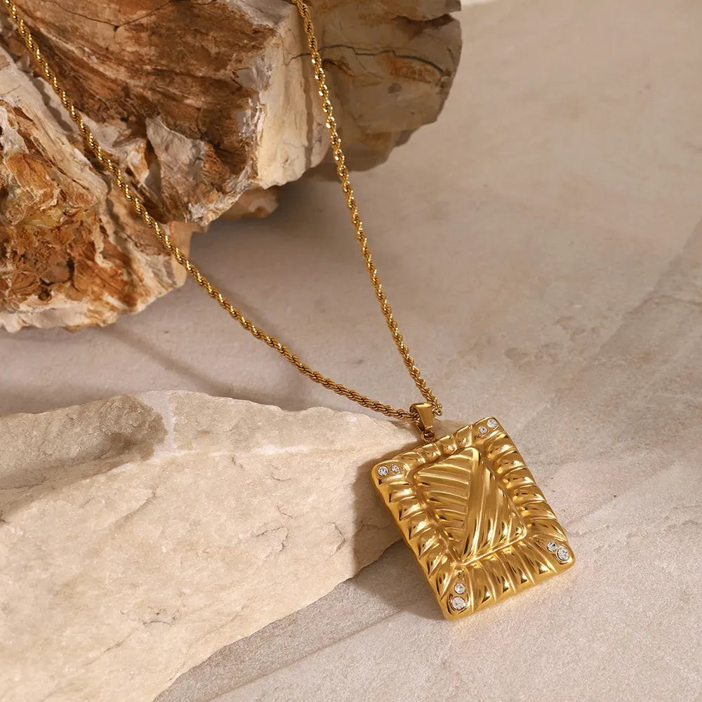 Stainless Steel Inlaid Rhinestone Rectangle Shape Pendant Necklace OutfitFlow