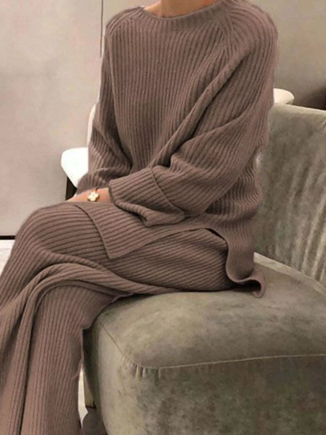 Full Size Ribbed Knit Relaxed Fit Top and Pants Sweater Set Plus Size OutfitFlow