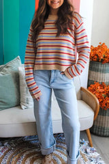 Striped Long Sleeve Round Neck Sweater OutfitFlow