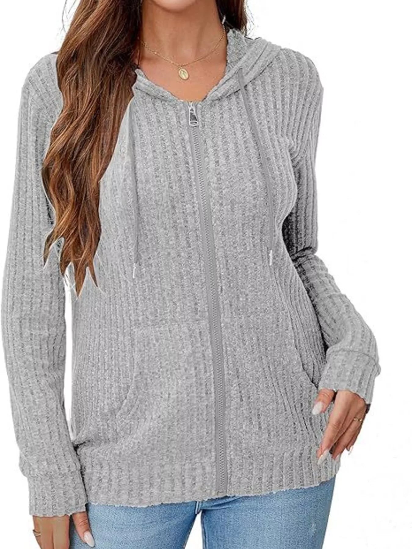 Ribbed Zip Up Hooded Outerwear Grey Trendsi