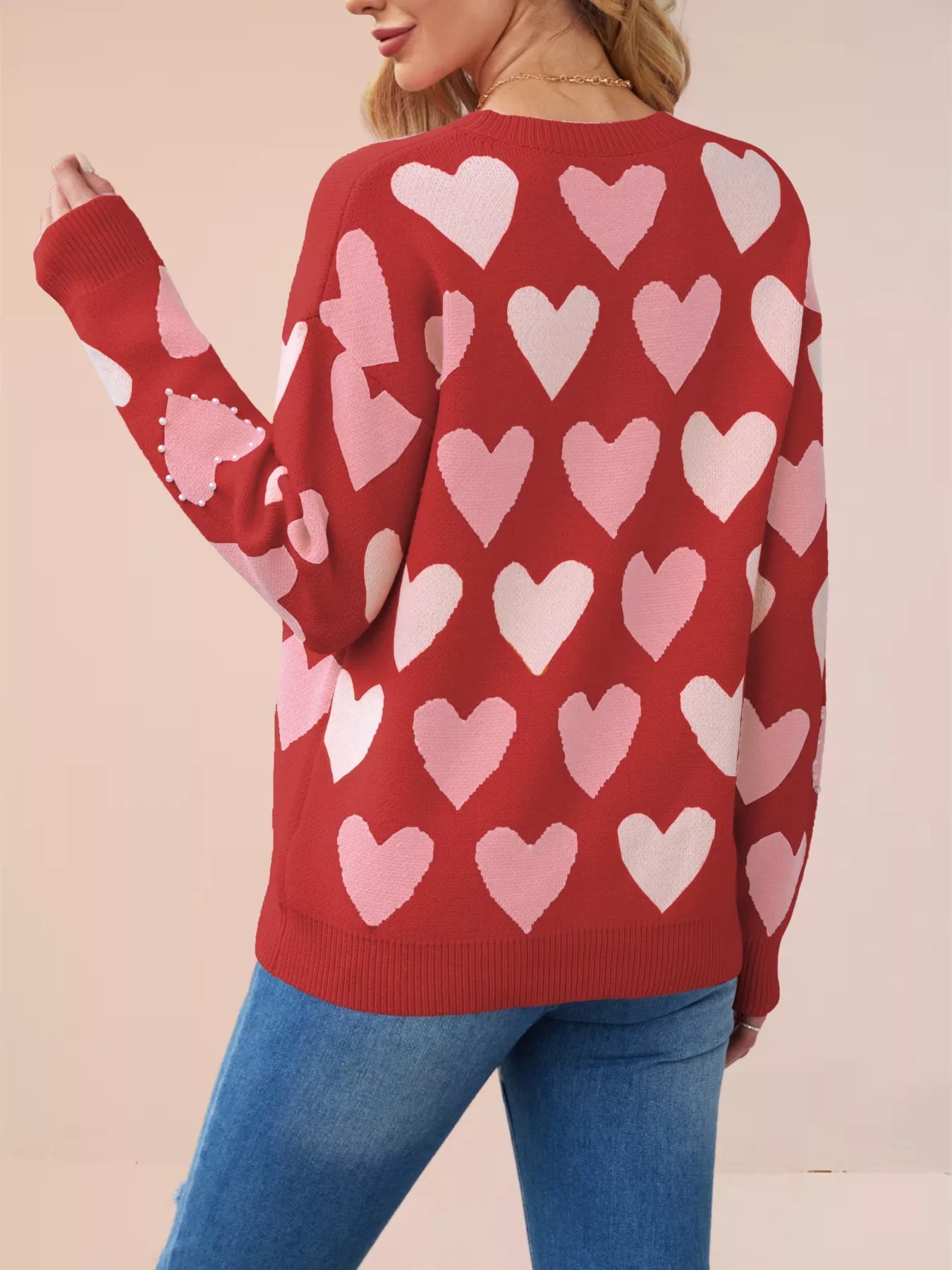 Heart Pattern Beaded Round Neck Sweater OutfitFlow