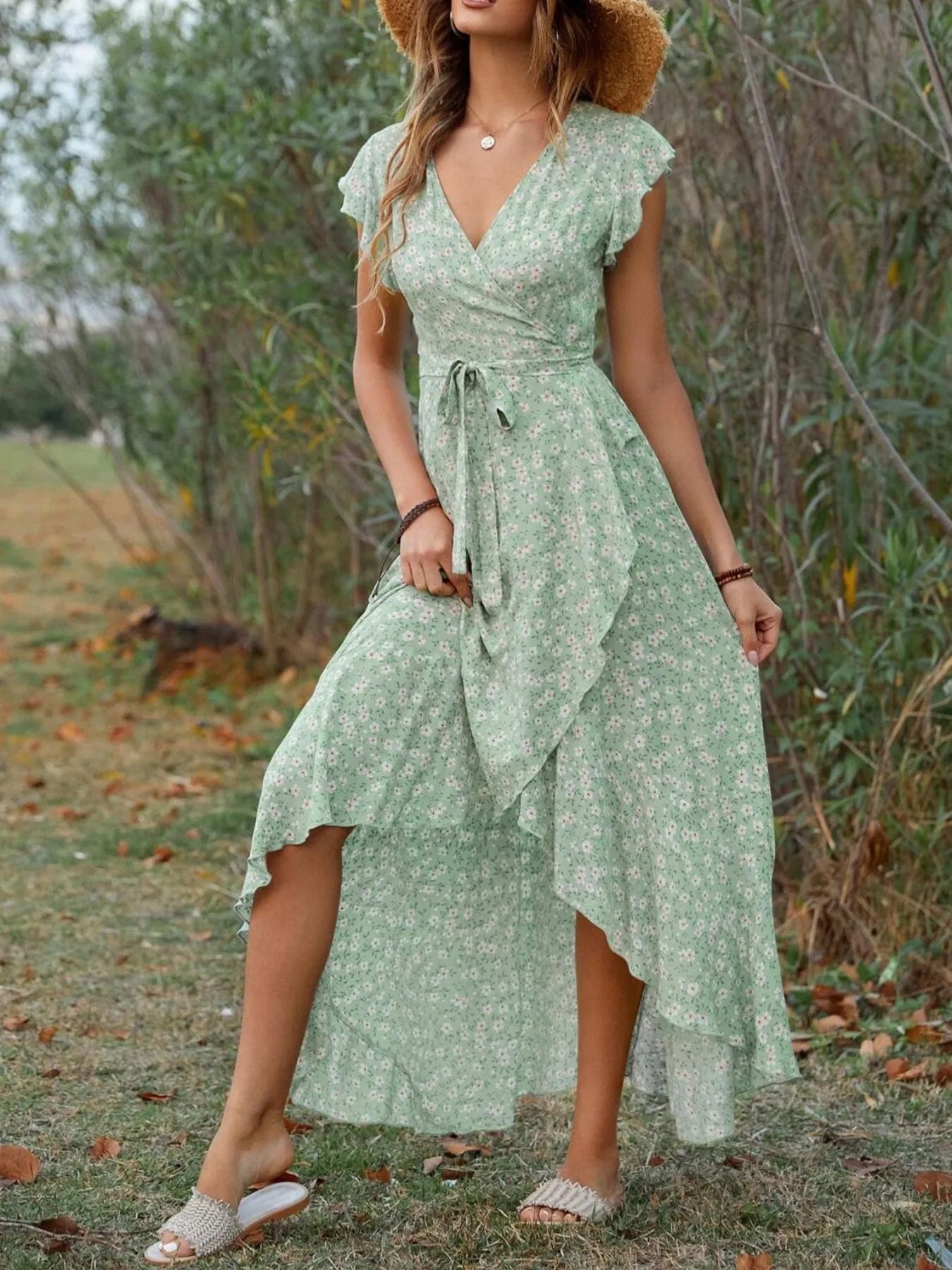 Printed Surplice Ruffle Sleeve Dress OutfitFlow