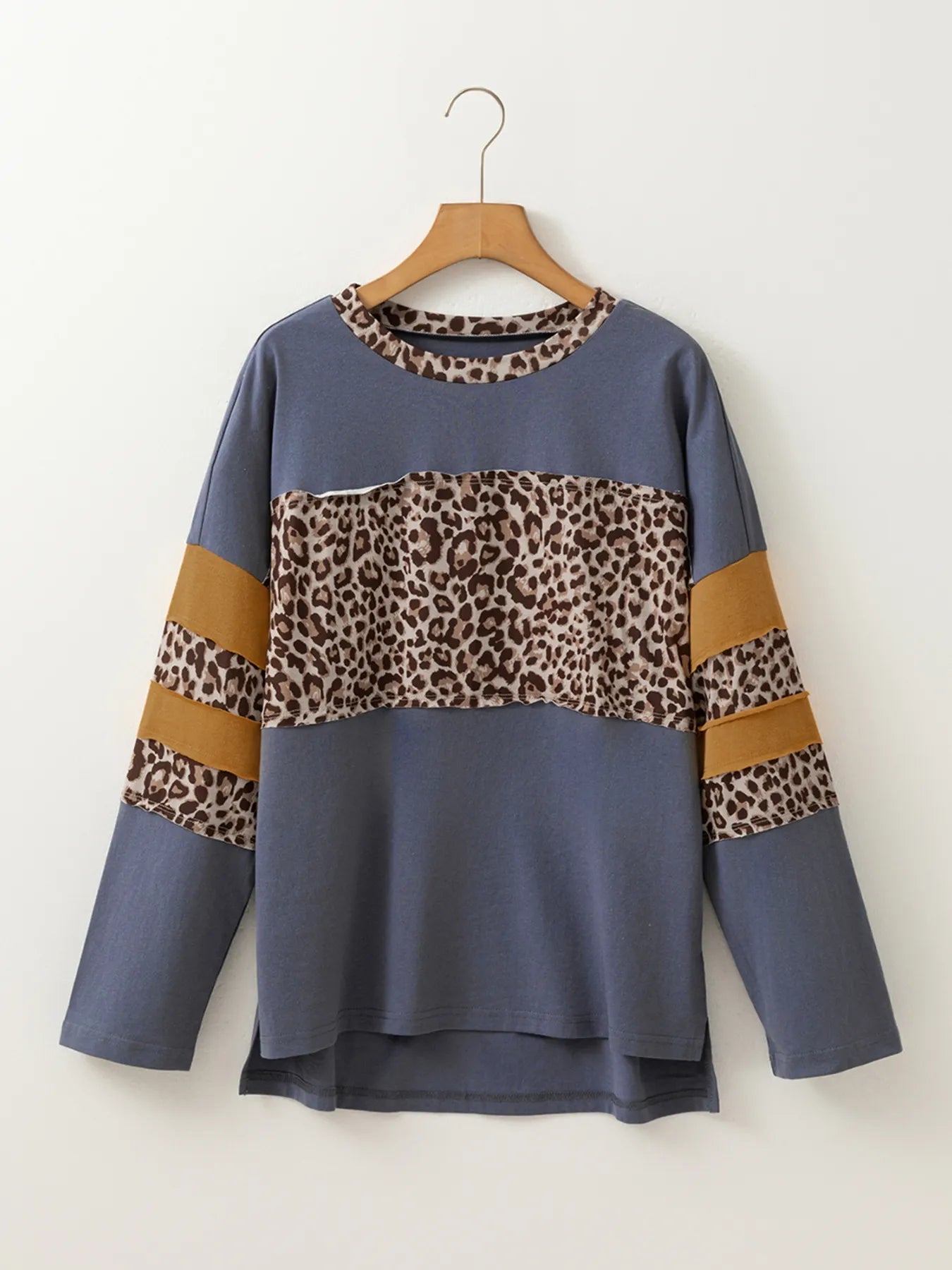 Leopard Color Block Long Sleeve Drop Shoulder Top OutfitFlow