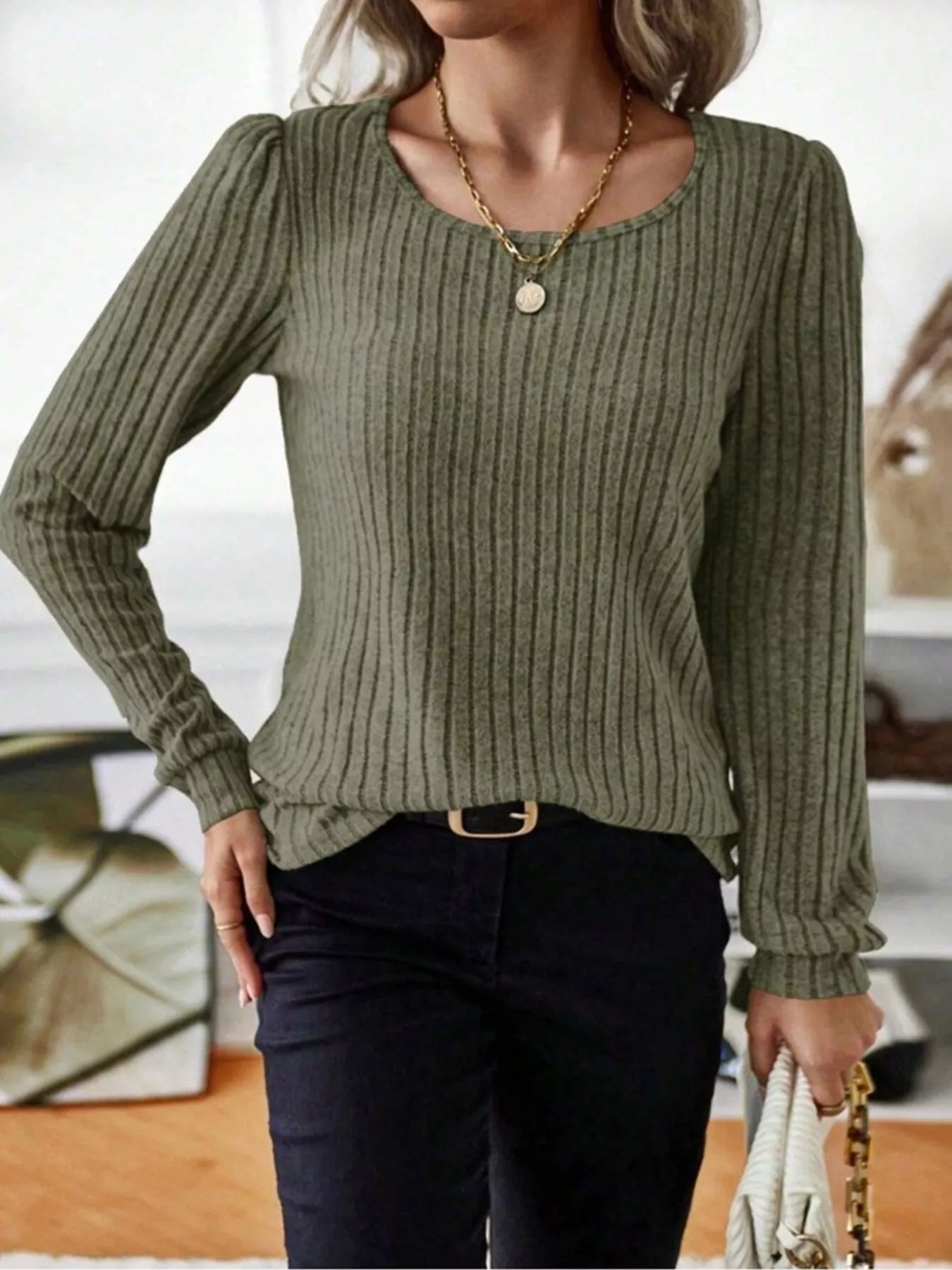Ribbed Knit Long Sleeve T-Shirt OutfitFlow