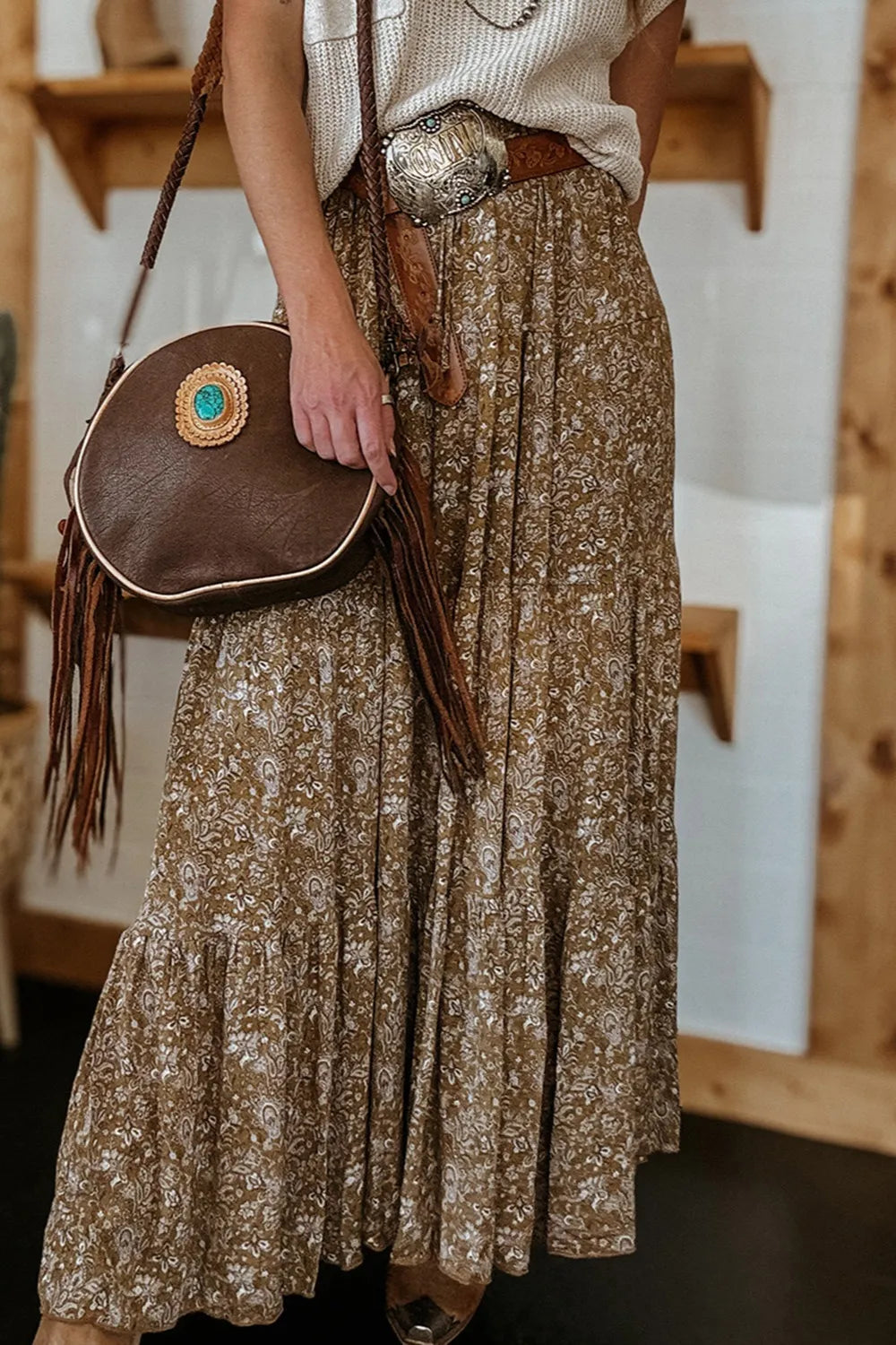 Floral Print Tiered Maxi Skirt OutfitFlow