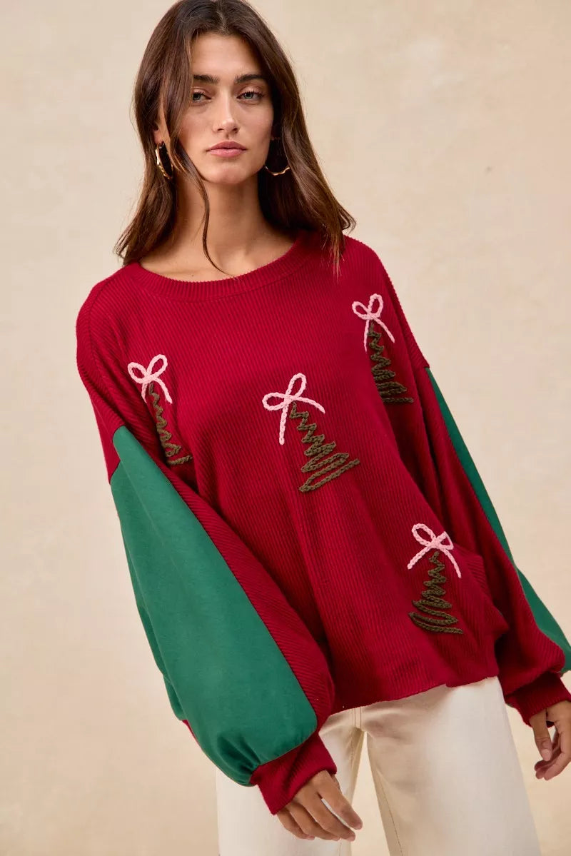 BiBi Christmas Theme Tree Embroidered Sweater OutfitFlow